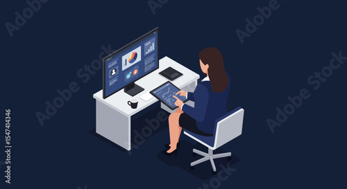 An isometric illustration depicts a professional woman efficiently working at her modern desk, analyzing data on a large monitor and interacting with a tablet.