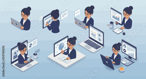 Businesswoman working on laptop computer analyzing data charts graphs reports using technology, silhouette
