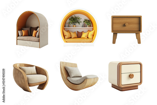 A collection of modern furniture pieces showcasing stylish seating options and a unique nightstand, perfect for contemporary living spaces and interior design inspiration.