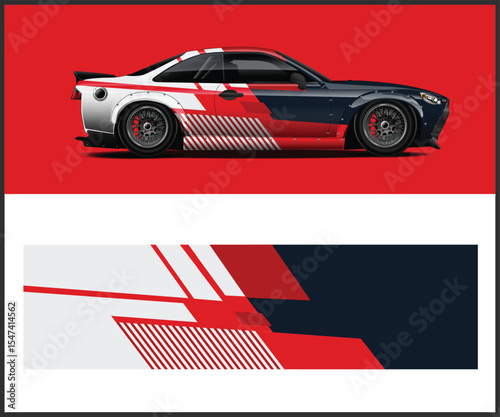Sleek Sports Car with Custom Red White and Navy Graphic Wrap