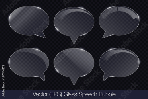 Realistic 3D transparent glass speech bubble in ellipse shape with glare, flat glass or plastic plate, flat transparent glass lens, realistic screen glass, window mockup