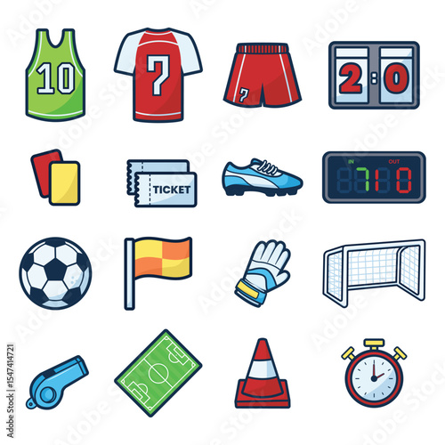 Football and Soccer Equipment Icon Set – Flat Vector for Sports Design and Infographics