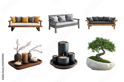 A stylish and cozy living room setup featuring modern sofas, decorative candles, and indoor plants. Ideal for creating a warm atmosphere in contemporary home interiors.