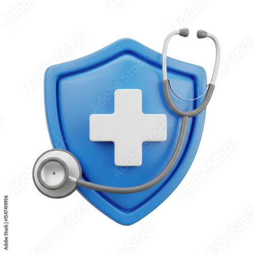 3d icon of a blue shield with a white cross and a stethoscope isolated on transparent background