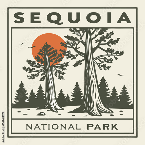 Vintage Sequoia National Park Illustration Featuring Dark Green Trees Orange Sunset and Beige Background