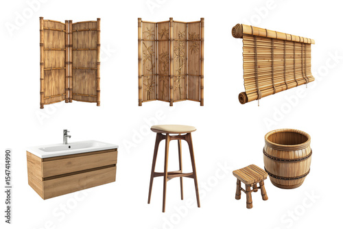 A collection of wooden furniture and decor, including a stylish sink cabinet, stools, and bamboo screens. Perfect for enhancing a cozy, natural living space with earthy aesthetics.