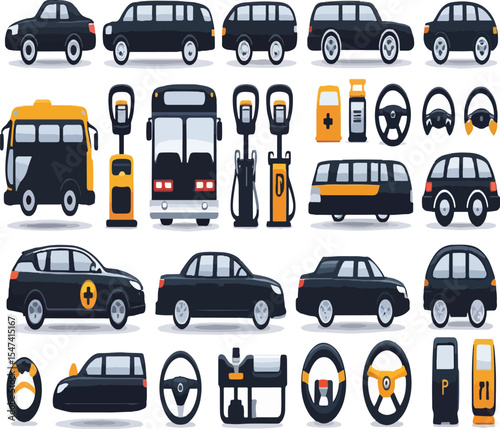 A collection of various black vehicles including cars buses and gas pumps on a white background