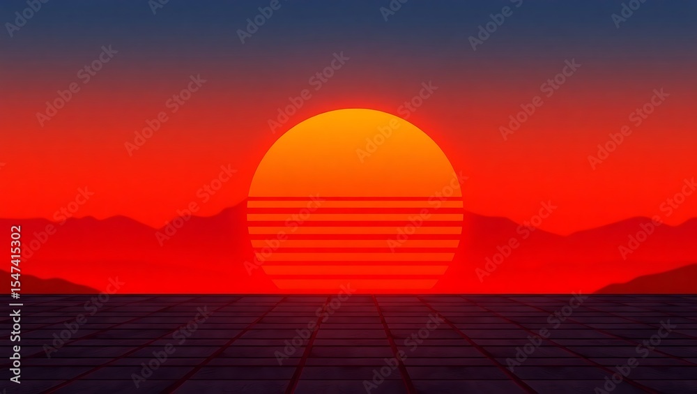 Obraz premium Retro sunset landscape with striped sun and tile floor