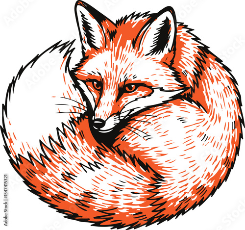 A stylized illustration of a fox curled up, gazing intently, with detailed fur.