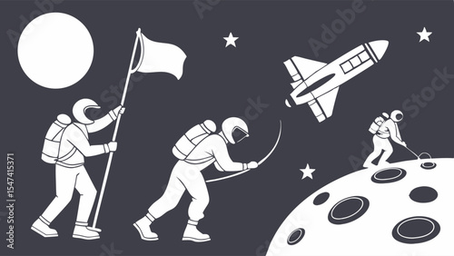 Monochrome vector illustration of astronauts exploring the moon, planting a flag, and using a metal detector on the cratered lunar surface with a spaceship and stars.
