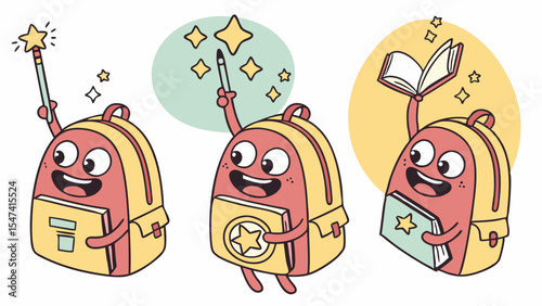 Cute whimsical vector illustration of cartoon school backpacks holding magical pencils, pens, and books, symbolizing the joy of learning, education, and back to school.