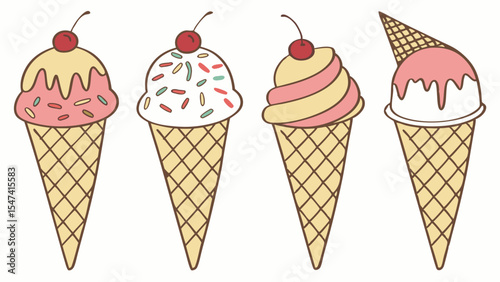 Four cute cartoon ice cream cones with sprinkles, cherries, and syrup. Delicious pink, white, and yellow summer dessert illustration in a sweet vector style.