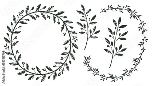 Hand drawn botanical leaf and berry wreaths with individual sprigs. Elegant black and white natural organic plant frames and decorative clipart.