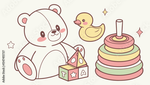 Cute pastel baby toys illustration with white teddy bear, yellow rubber duck, colorful stacking rings, and alphabet blocks for nursery playtime.