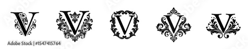Decorative Roman numeral V with ornate flourishes in bold monochrome vector style