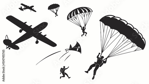 Dynamic black and white silhouettes of paratroopers skydiving from vintage airplanes, with multiple parachutes deployed in an exciting action-packed scene.