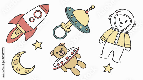 Cute hand-drawn space baby items illustration set with a rocket, astronaut bear, UFO rattle, teddy bear, crescent moon, and stars for nursery decor.