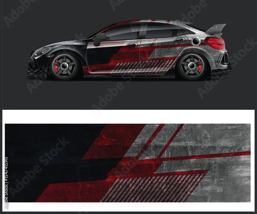 Sleek Sports Car with Custom Red and Gray Racing Livery Design