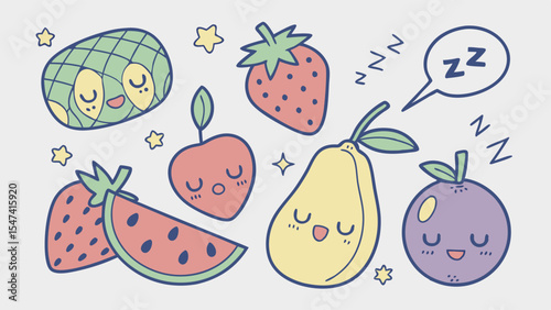 Adorable sleeping fruits illustration. Kawaii pastel cartoon featuring sleepy avocado, strawberry, cherry, pear, plum, and watermelon for sweet dreams.