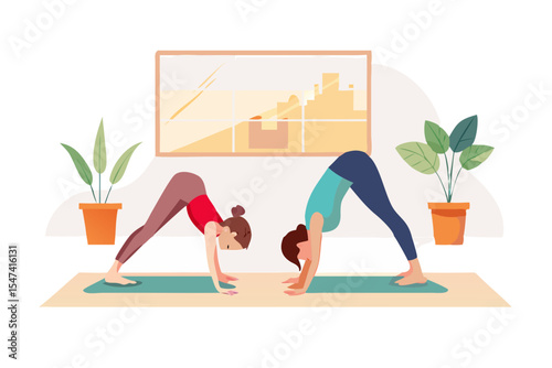 Two women practicing yoga downward dog pose at home