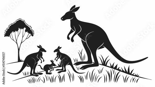 Black and white vector silhouette of an Australian kangaroo family, including a mother and joey, standing on a grassy hill with a native tree.
