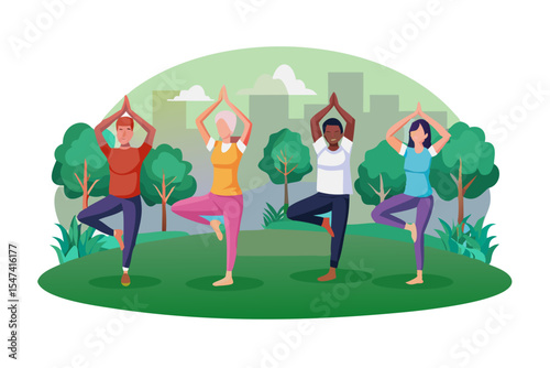 Diverse group of people practicing yoga outdoors in a park