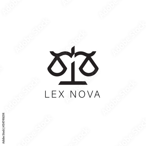 Abstract Law Firm Logo Featuring Scales of Justice and the Name Lex Nova in Modern Typography on a White Background