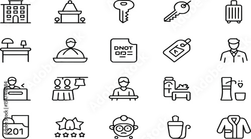 Elegant Hotel Icon Set  Perfect for Web Design and Mobile Apps featuring  Room Service, Luggage, and Key Icons