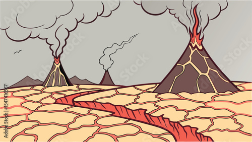 Volcanic Landscape Design Featuring Erupting Volcanoes and Lava Flow