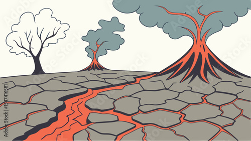 Volcanic Eruption Landscape Design featuring Lava Flow and Trees