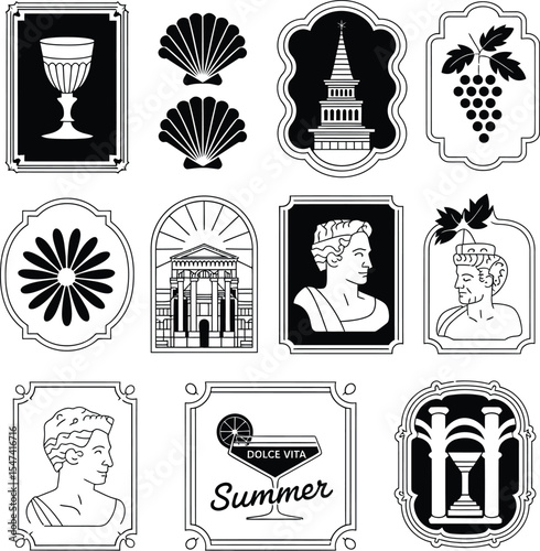  Vector Black and White Greek Style Logos and Labels, Vintage Design Elements.