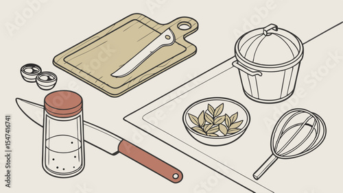 Clean isometric line art illustration of kitchen essentials. Featuring cutting board, knives, pot, whisk, herbs, spice shaker, and bowls for cooking preparation.
