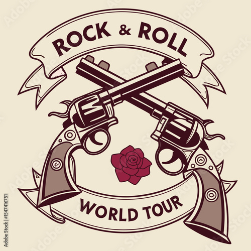 Vintage Style Rock and Roll T Shirt Design Featuring Crossed Revolvers and Rose World Tour Banner