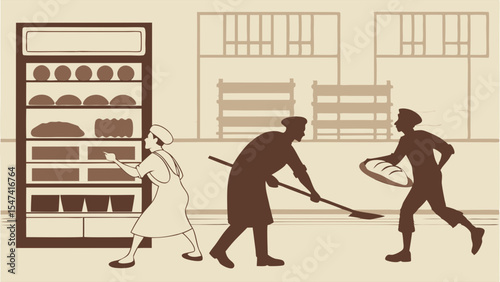 Vintage sepia illustration of three dedicated bakers working in a traditional bakery, preparing, baking, and displaying fresh artisan bread.