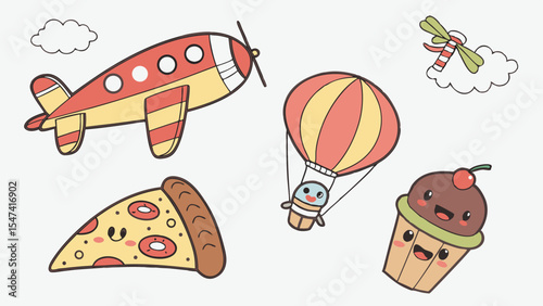 Cute cartoon collection of a red airplane, hot air balloon, smiling pizza slice, happy cupcake, and small biplane doodle with clouds, perfect for kids.