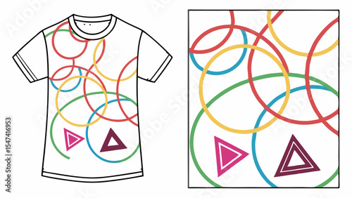 Modern white t-shirt design featuring a vibrant geometric print of overlapping colorful circles and abstract triangles, perfect for custom apparel and fashion.