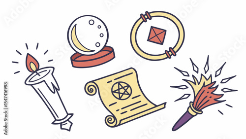 Magical Witchcraft and Sorcery Items Doodle Set Enchanting Crystal Ball, Spell Scroll, Burning Candle, Magic Wand, and Amulet Cartoon Illustration