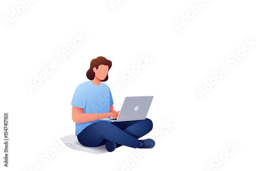 Boy Sitting Cross-Legged Using Laptop, Flat Vector Illustration on Transparent Background for Freelance, Education, or Remote Work Concepts
