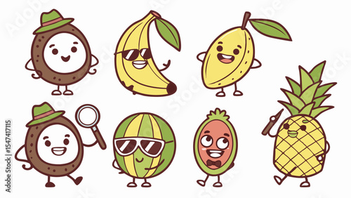 Cute cartoon tropical fruit characters vector art. Funny banana, coconut, mango, watermelon, pineapple, and guava illustrations for healthy food design.