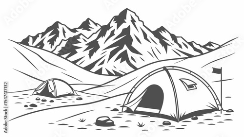 Black and white line art illustration of a mountain camping scene with two tents, rugged peaks, and a vast wilderness landscape, excellent for outdoor adventure designs.