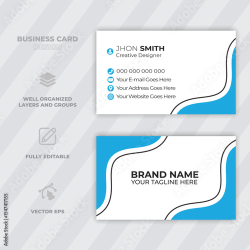 Professional modern business card design template with stylish blue wave elements