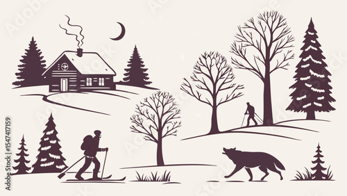 Hand-drawn vintage winter landscape scene featuring a cozy log cabin, cross-country skiers, a lone wolf, bare trees, and evergreens under a crescent moon.