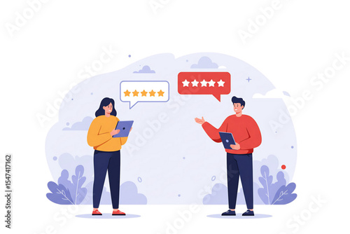 Two People Holding Devices and Giving Reviews with Star Ratings, Vector PNG Isolated on Transparent Background for Digital Feedback Concepts