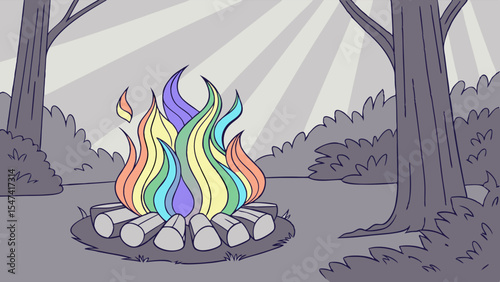 Vibrant rainbow campfire in a grayscale forest clearing illustration. Cartoon art with colorful flames contrasting a desaturated nature background and sun rays.