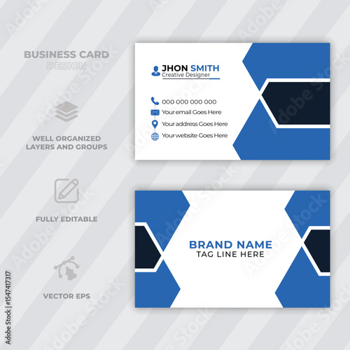 Modern and professional blue and white business card design template for creative professionals