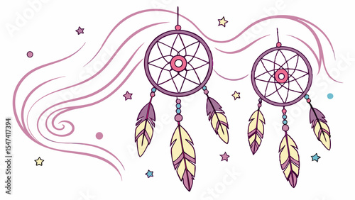 Two pastel purple and pink dreamcatchers with intricate webbing, dangling feathers, and beads, surrounded by whimsical stars and ethereal swirling lines vector art