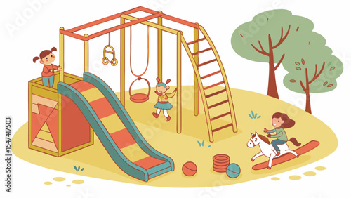 Whimsical cartoon illustration of happy young girls playing on a colorful outdoor playground, featuring a slide, swings, and a rocking horse near green trees.