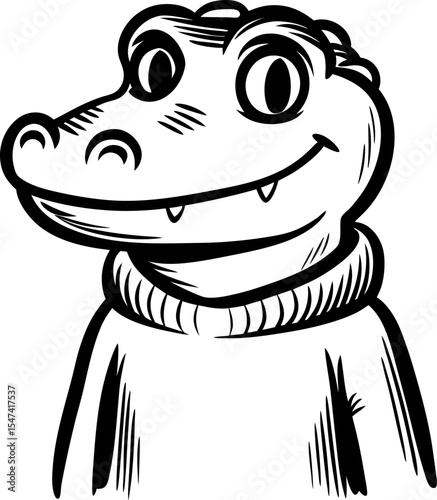 crocodile character in turtleneck sweater, friendly hand drawn black and white animal portrait illustration