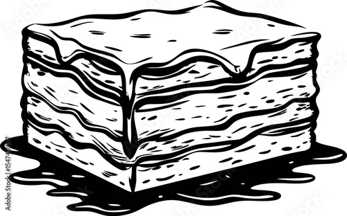 Hand drawn slice of layered lasagna with melted cheese and sauce vintage black and white sketch illustration
