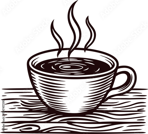 Hand drawn hot coffee cup with steam on wood surface vintage engraved illustration in black and white
